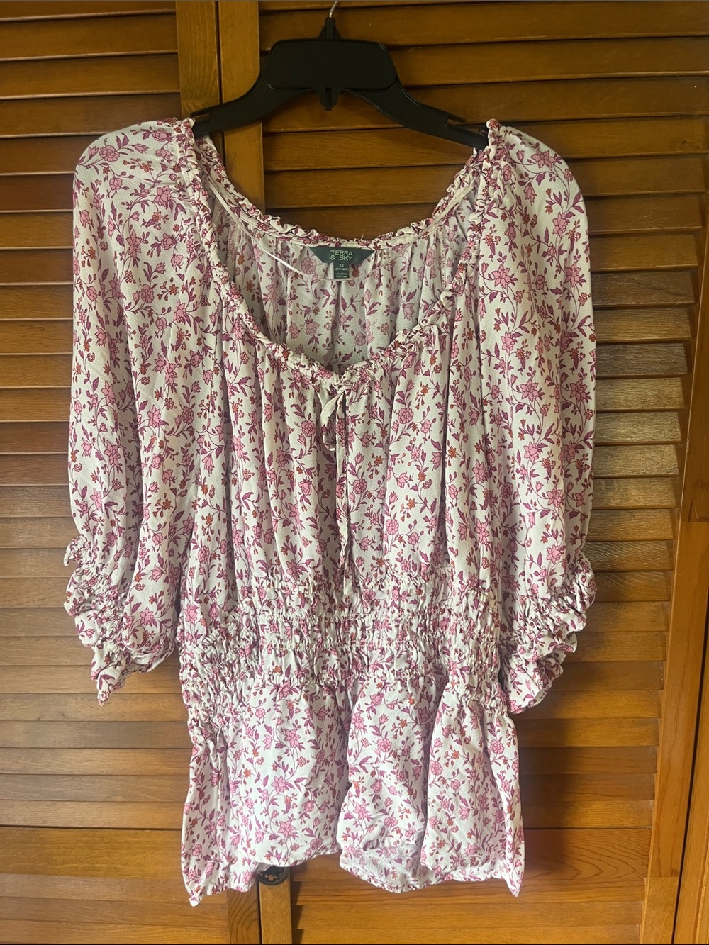 Terra & Sky White and Pink Floral Peasant Top Women's 3X